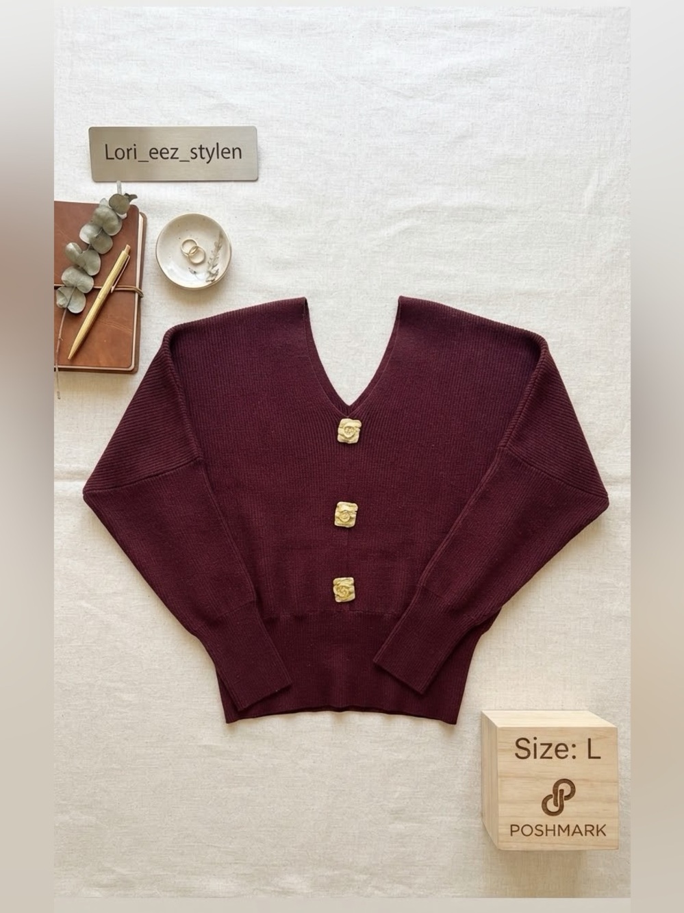 Micas 
 Burgundy V-Neck Button Sweater